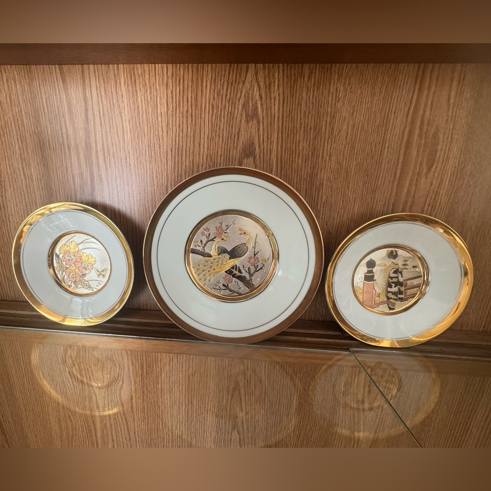 Original Chokin Art collection 3 beautifully decorated plates gold trim